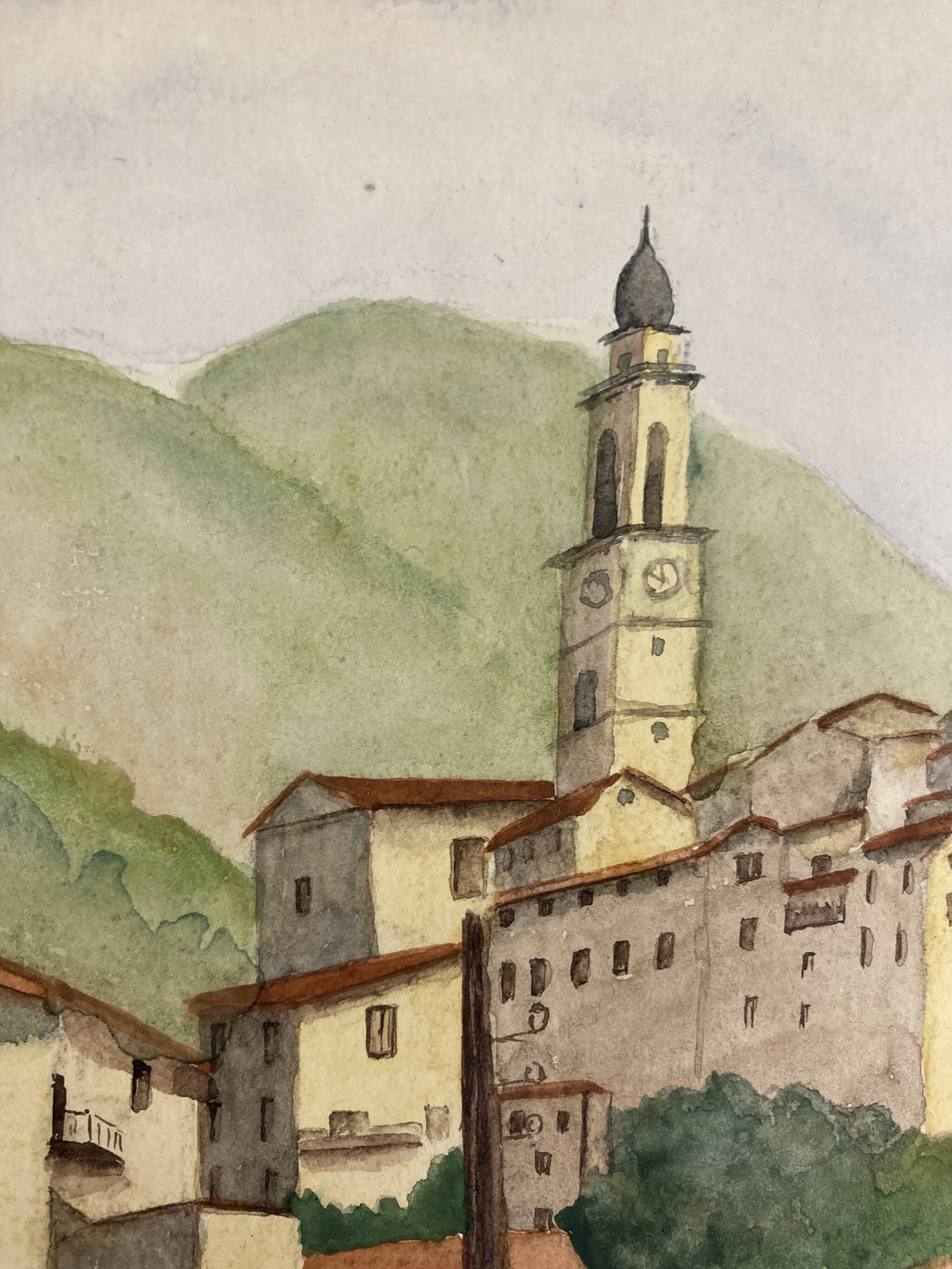 Signed watercolor of landscape with bell tower