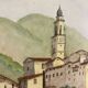 Signed watercolor of landscape with bell tower