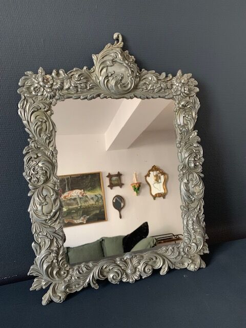 Antique Italian mirror in repoussé silver metal