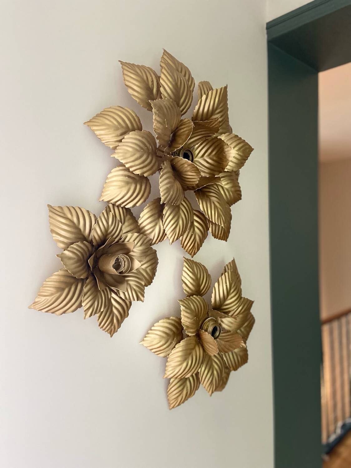 Three MASCA (Italy) wall lights in gilded metal - 1970.