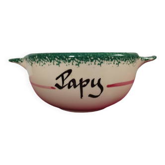Old Breton ear bowl with green edging "papy" inscription, Pornic faiencerie, MBFA