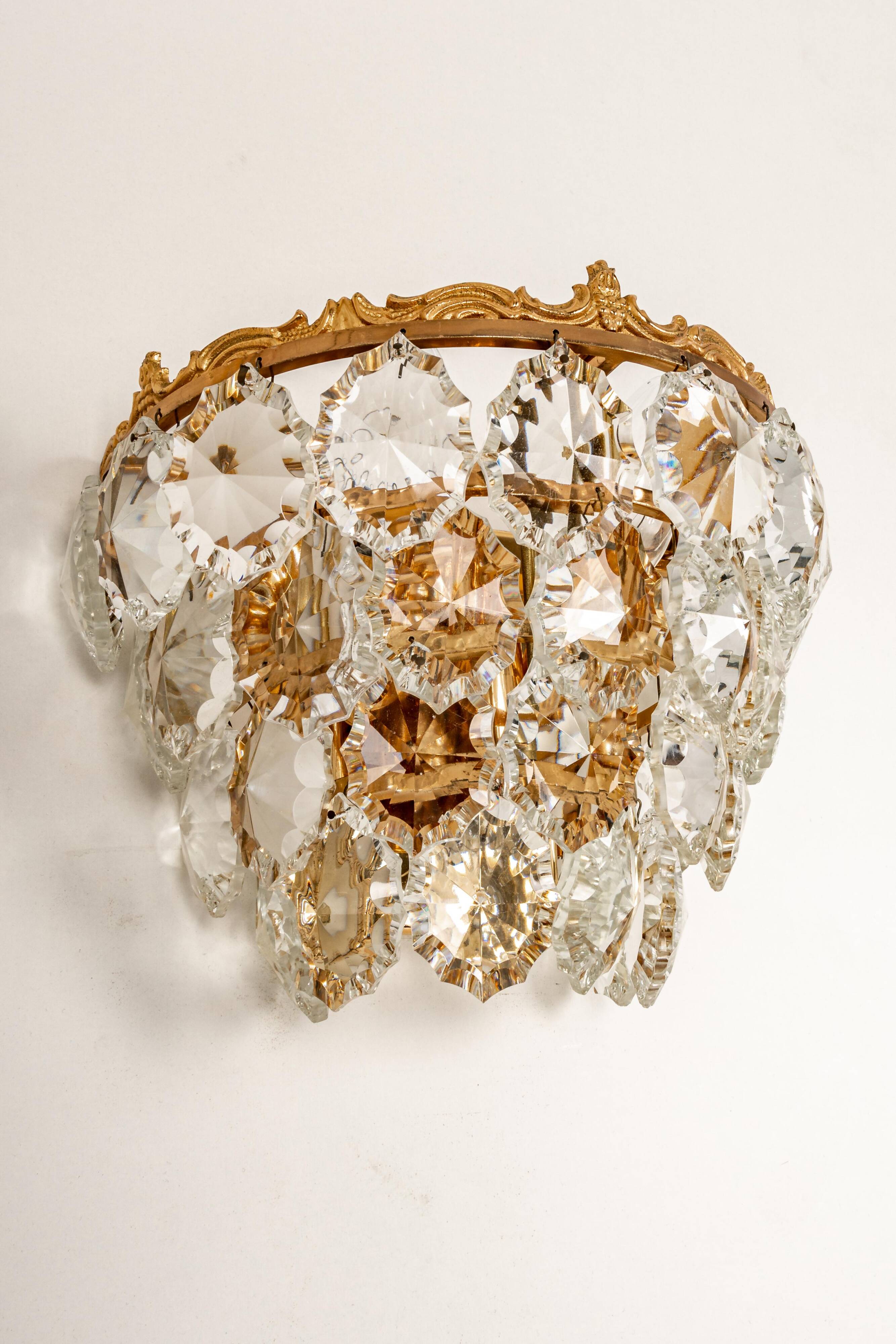 Bakalowits wall sconces, brass and crystal glass, Austria, 1960s