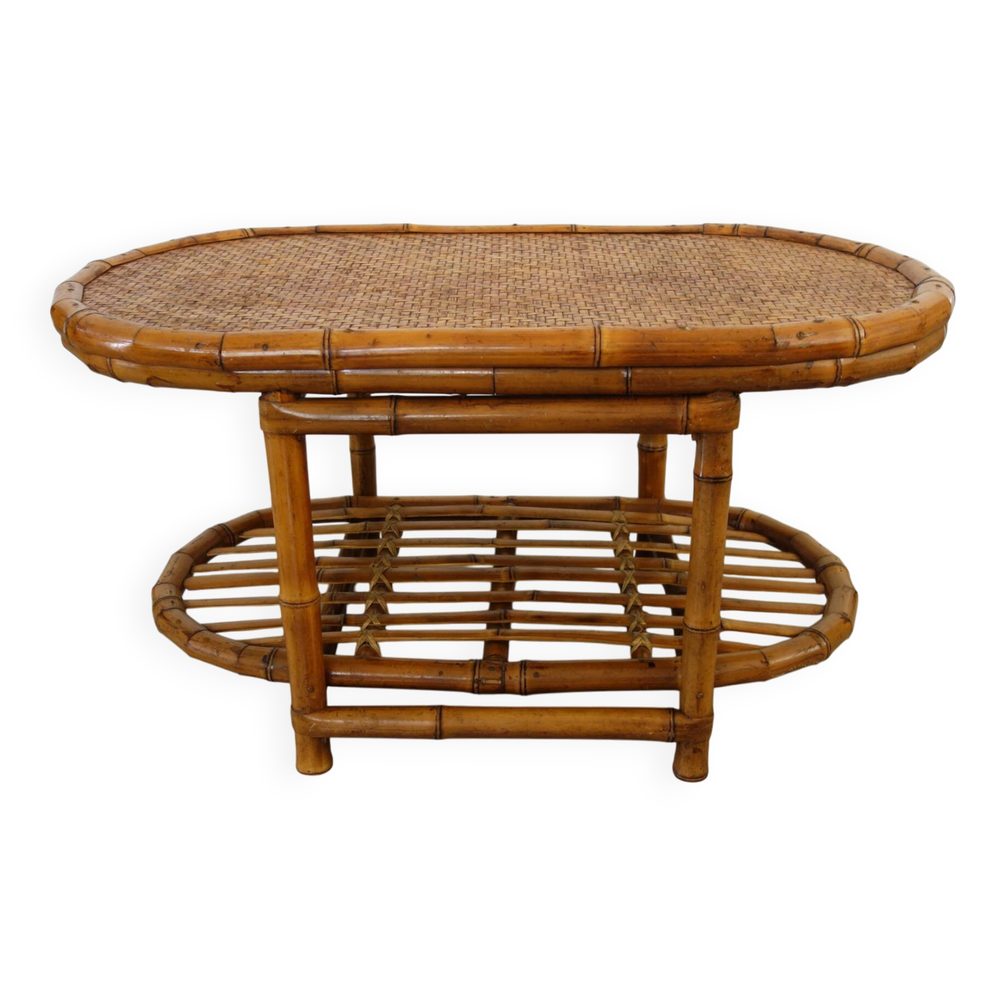 Vintage bamboo and woven wicker coffee table