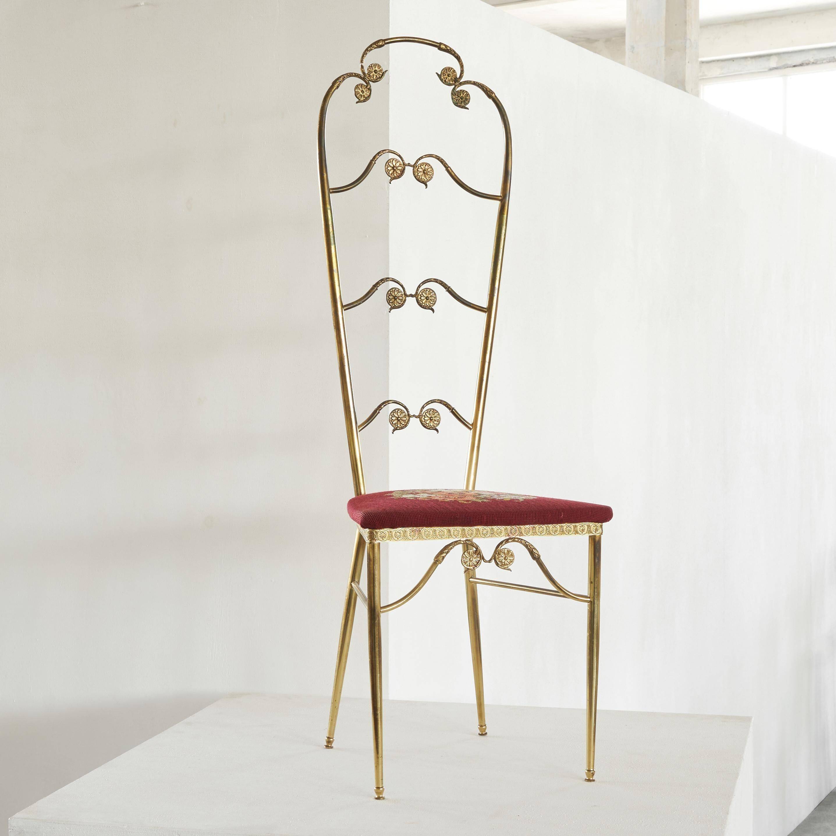 Chiavari chair with high back, brass, embroidery from the 1960s.