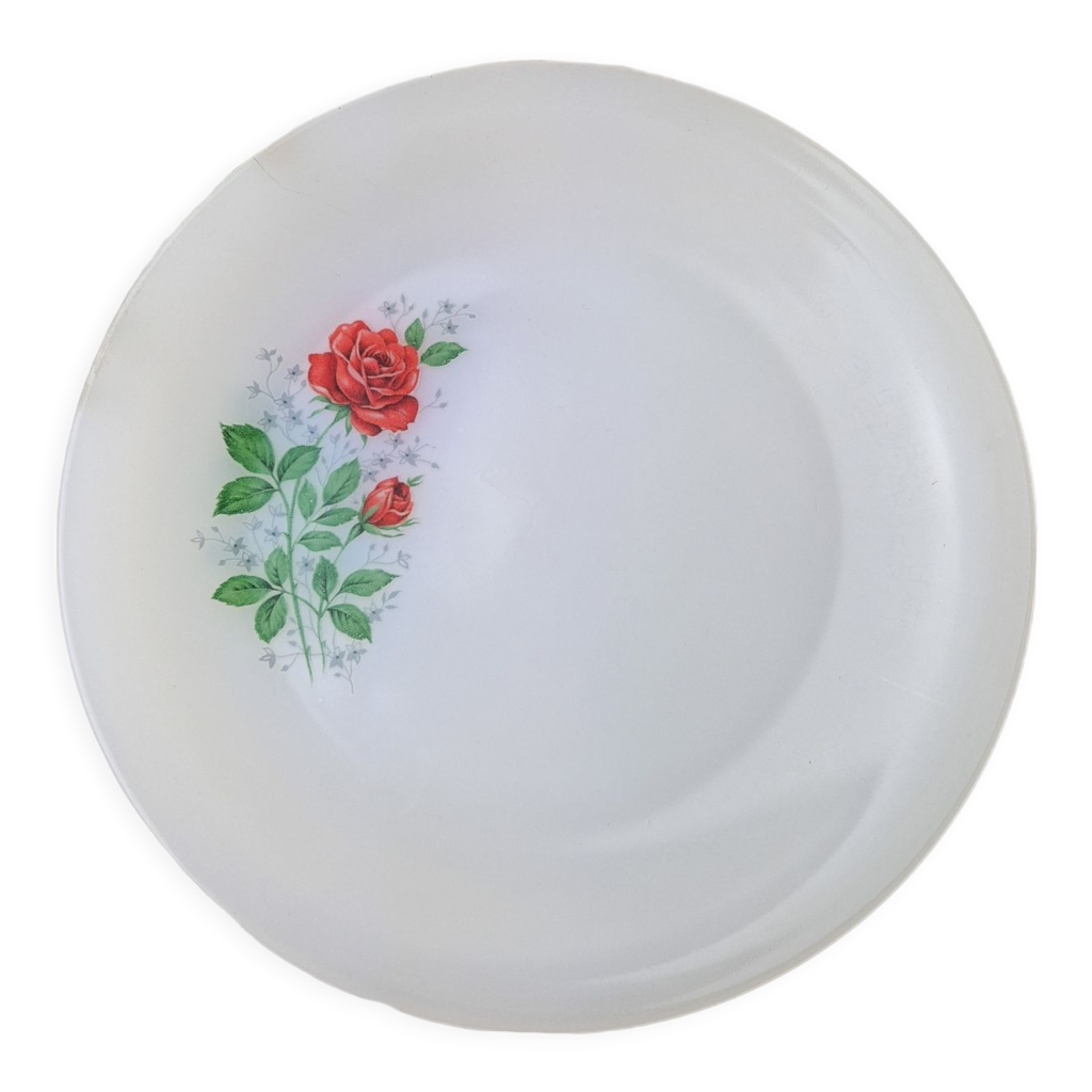 Plat ovale en verre opalin blanc Arcopal décor roses rouges