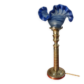 etched brass lamp with a blue satin glass tulip shade, signed Vianne 36x16