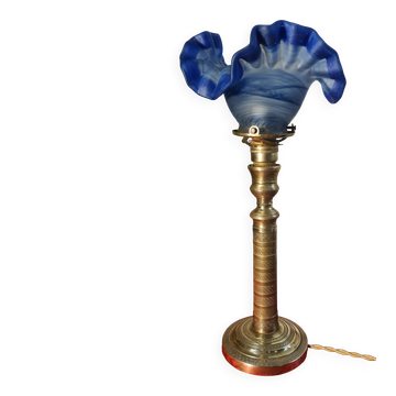 etched brass lamp with a blue satin glass tulip shade, signed Vianne 36x16