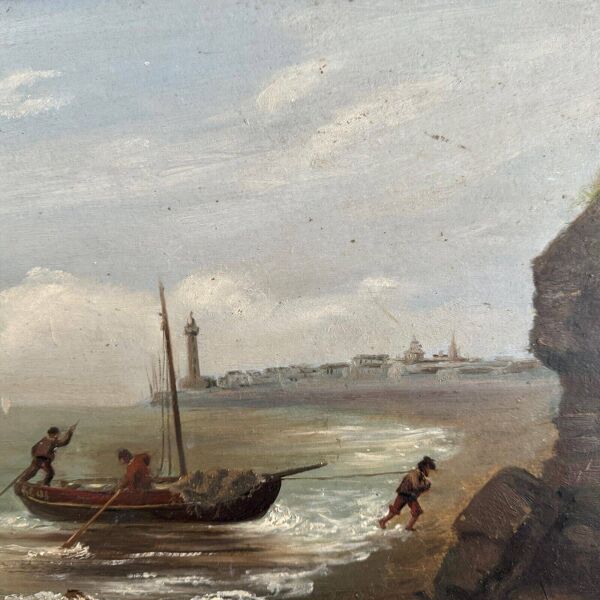 Huile sur carton par R. Coubinier 1887 barque sur une côte rocheuse