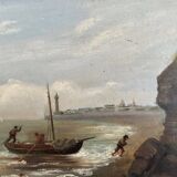 Oil on cardboard by R. Coubinier 1887 boat on a rocky coast