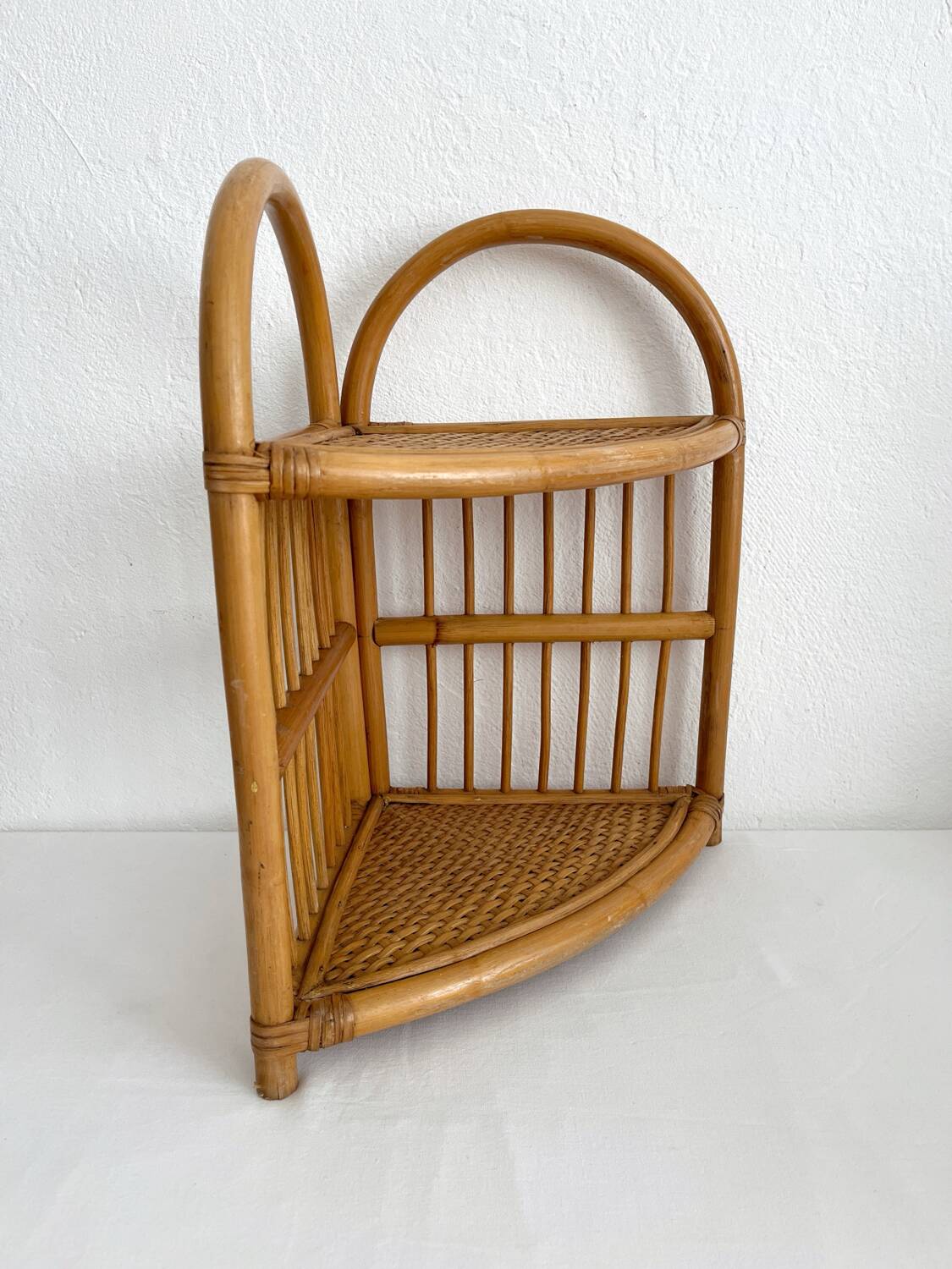 Vintage bamboo and rattan corner shelf
