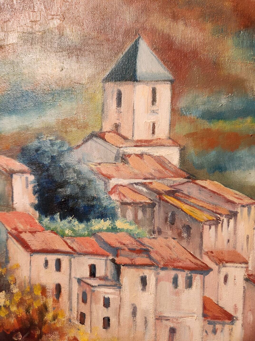 Oil painting on canvas Provençal landscape Village around its bell tower