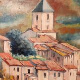 Oil painting on canvas Provençal landscape Village around its bell tower