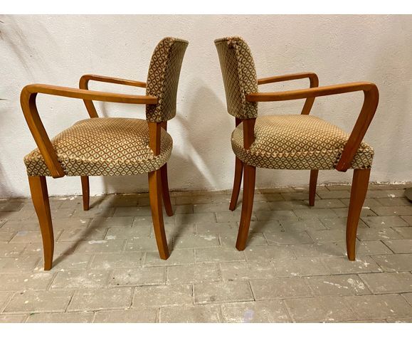 Pair of bridge armchairs in solid wood and velvet circa 1950
