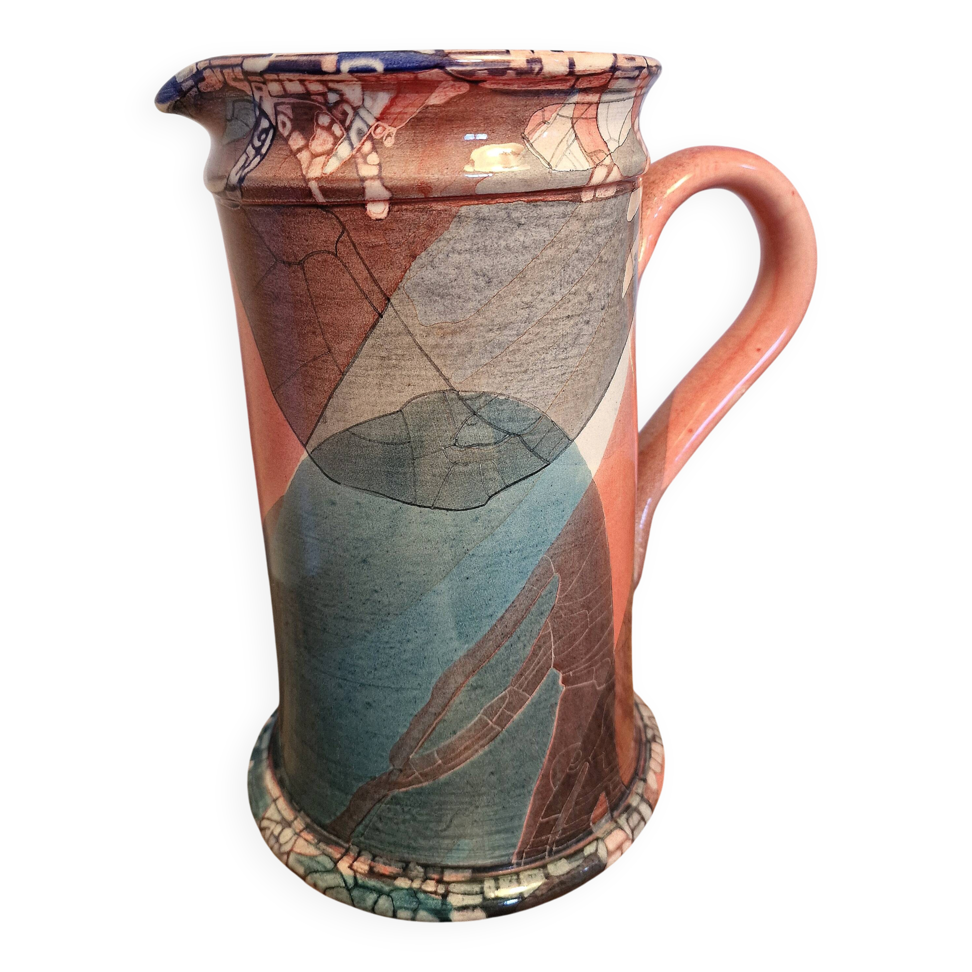 Large sculptural ceramic pitcher by a signed artist – abstract decoration