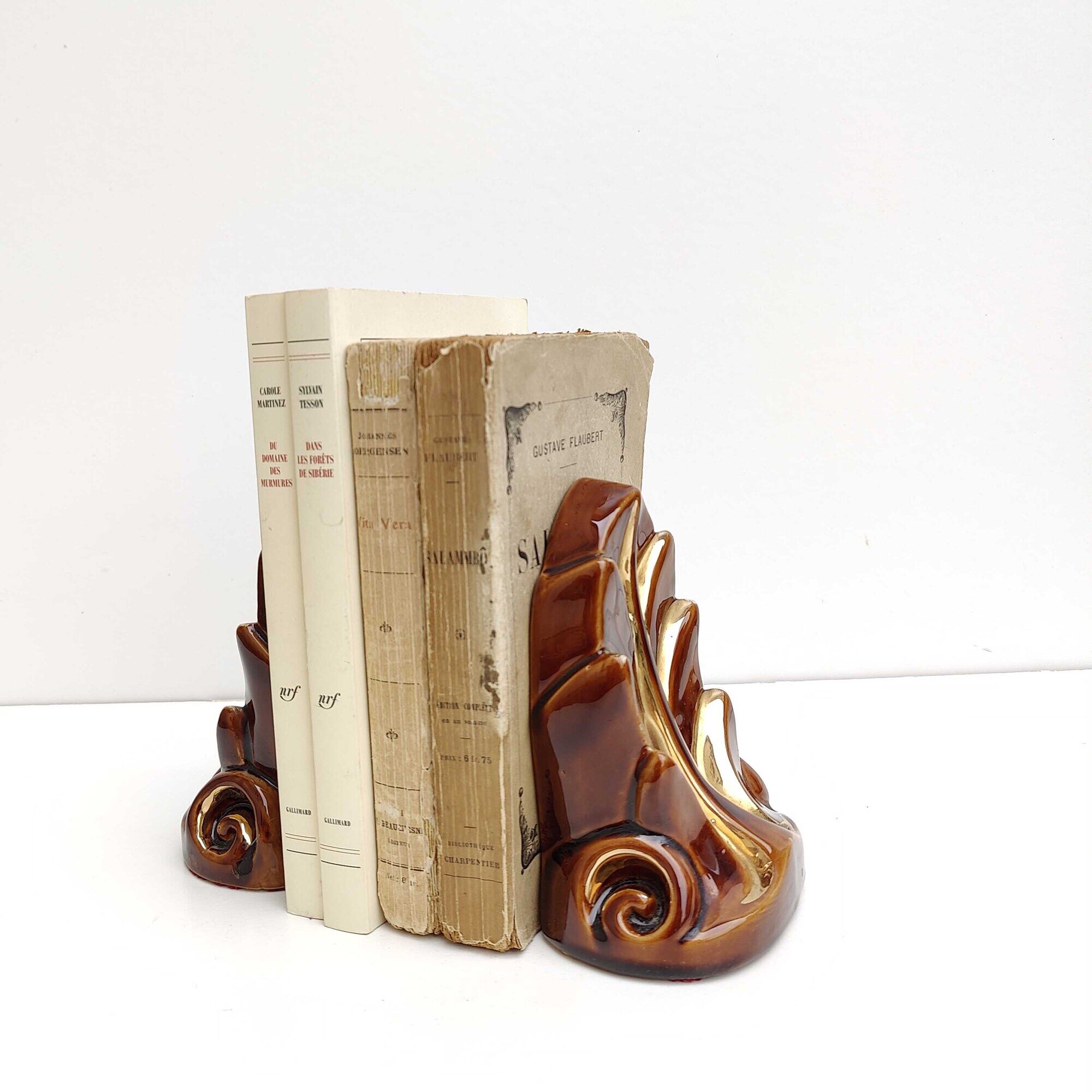 Paire serre livres céramique feuilles art déco