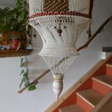 Large vintage macramé pendant lamp in cotton thread and wool, 120 cm.