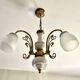 Three-light chandelier in gilded brass and porcelain, Art Nouveau style, 1970.