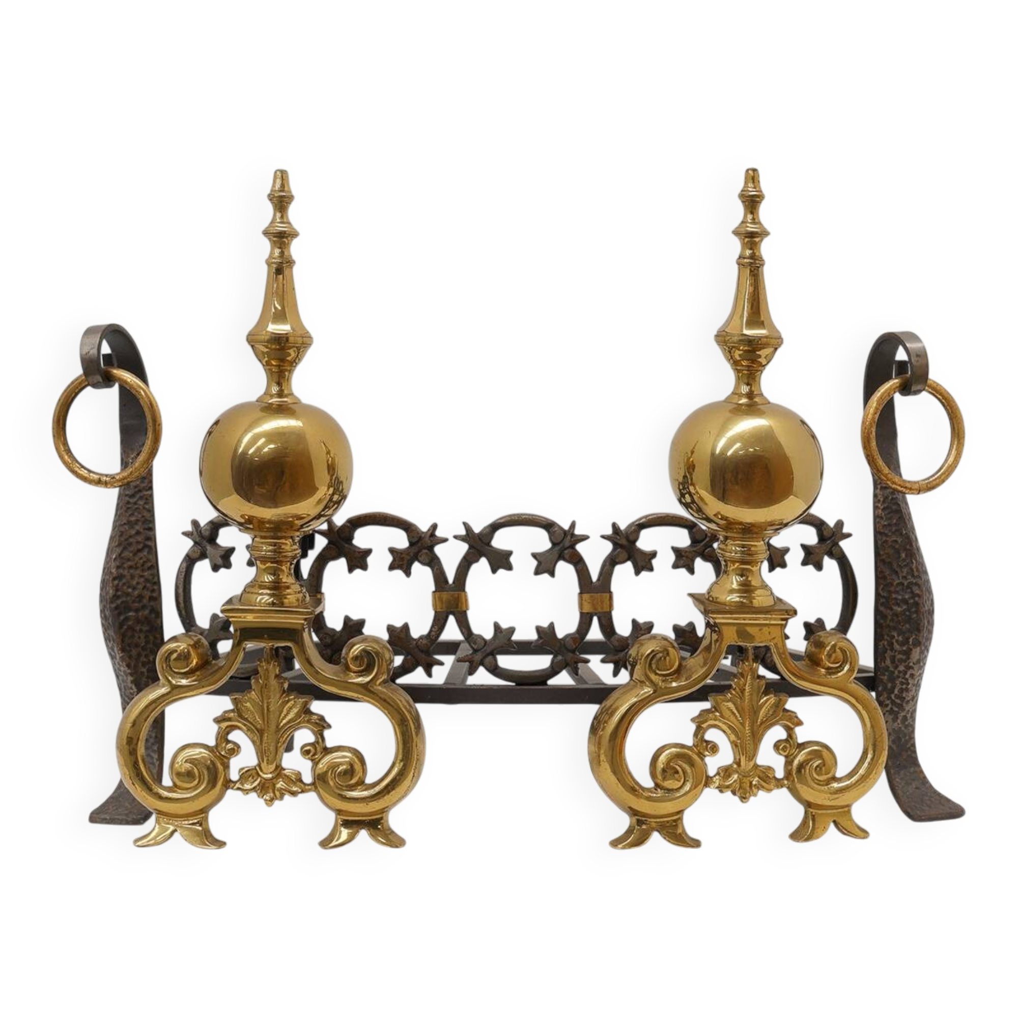 Pair of French Brass Firedogs and Wrought Iron Fireplace Grate, 20th Centur