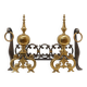 Pair of French Brass Firedogs and Wrought Iron Fireplace Grate, 20th Centur
