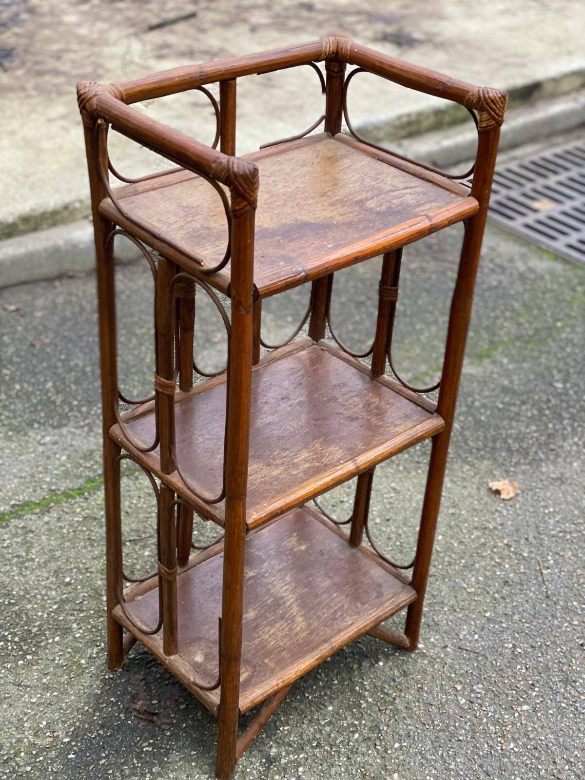 Vintage rattan and wicker shelf with 3 levels