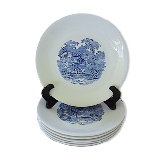 Suite of six table plates (flat) in white-blue earthenware