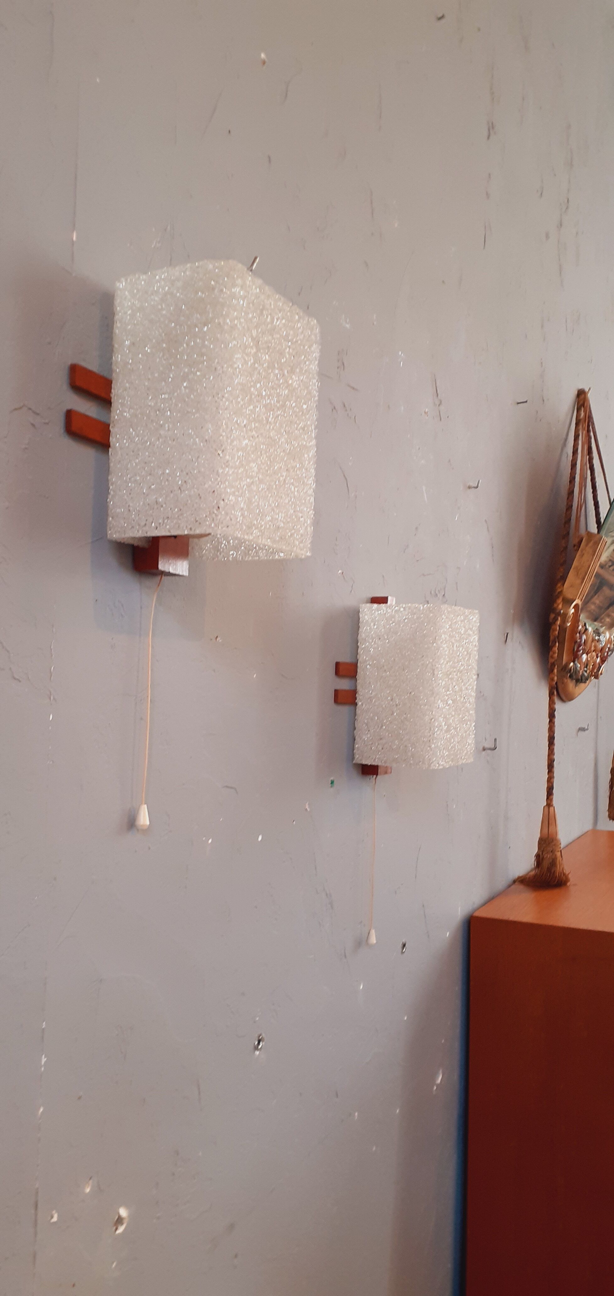 Pair of wall lamps 60s Scandinavian style teak and plexis granite