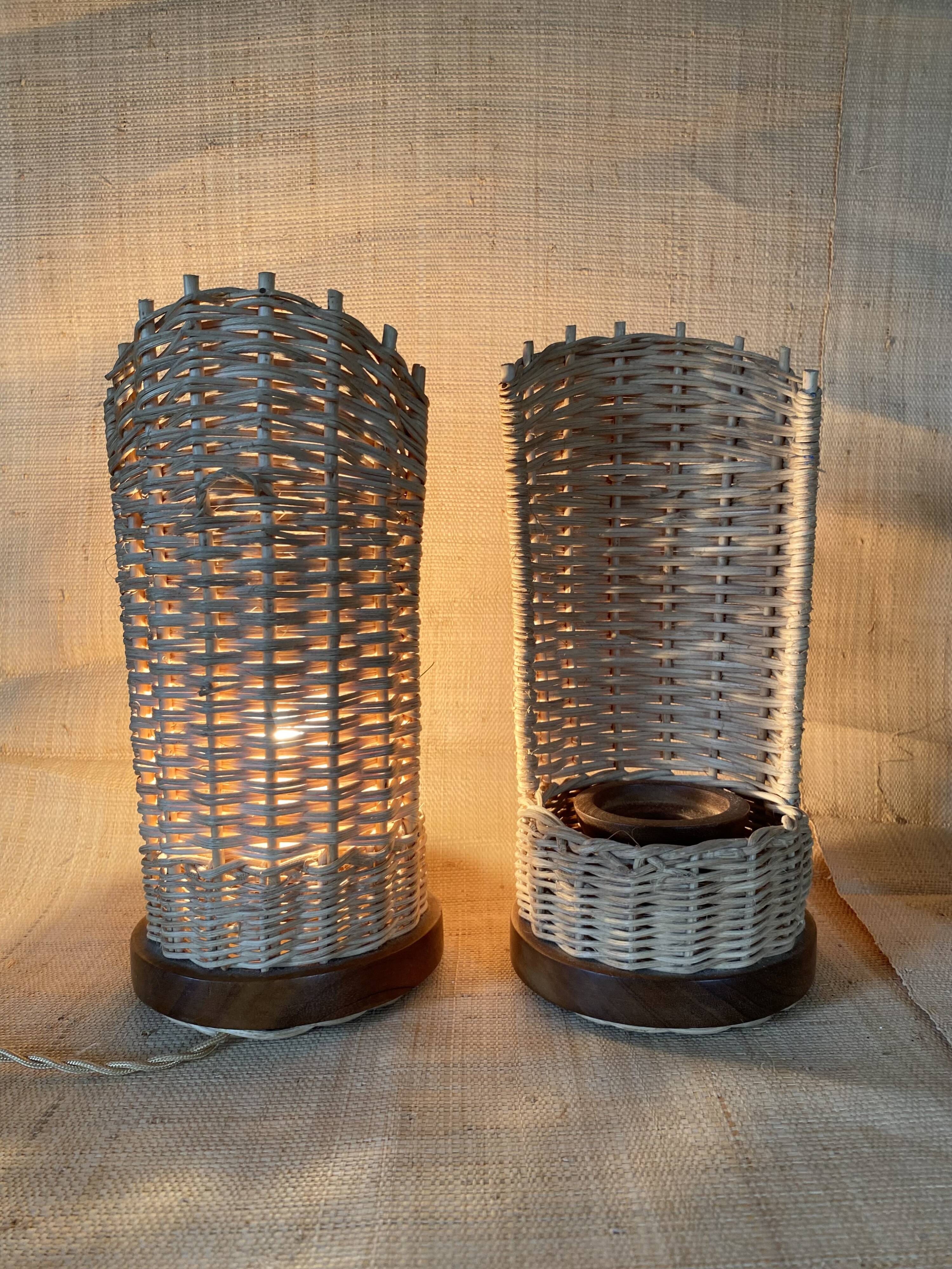 Duo de lampes rotin, câbles tissu neuf 2x2M
