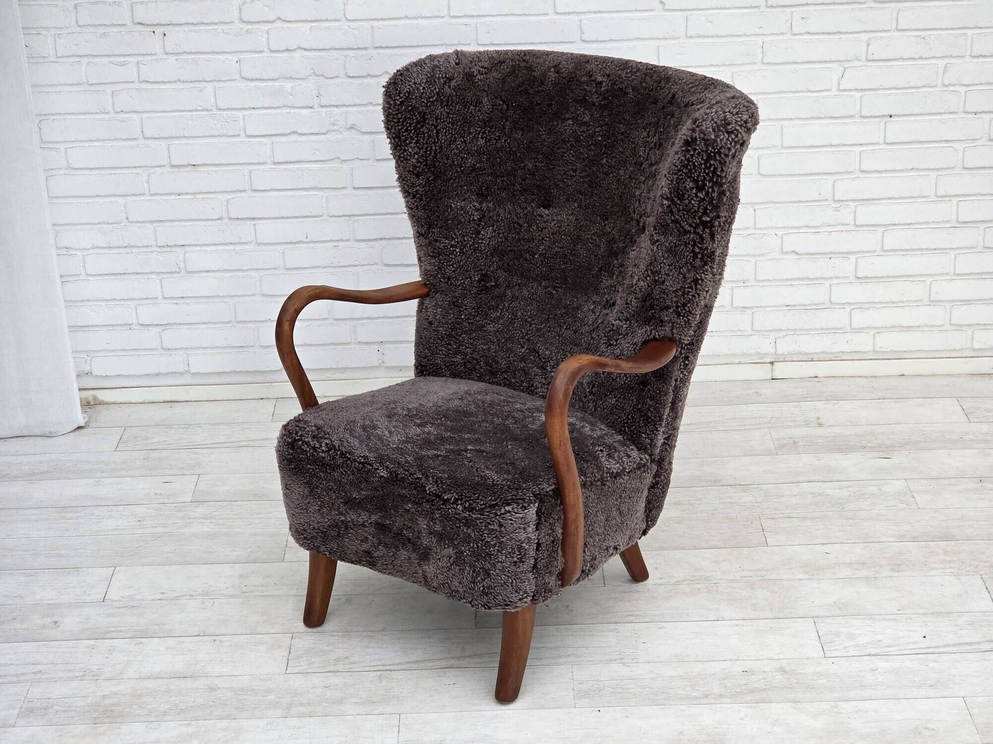 1960s, Danish armchair, reupholstered, genuine sheepskin.