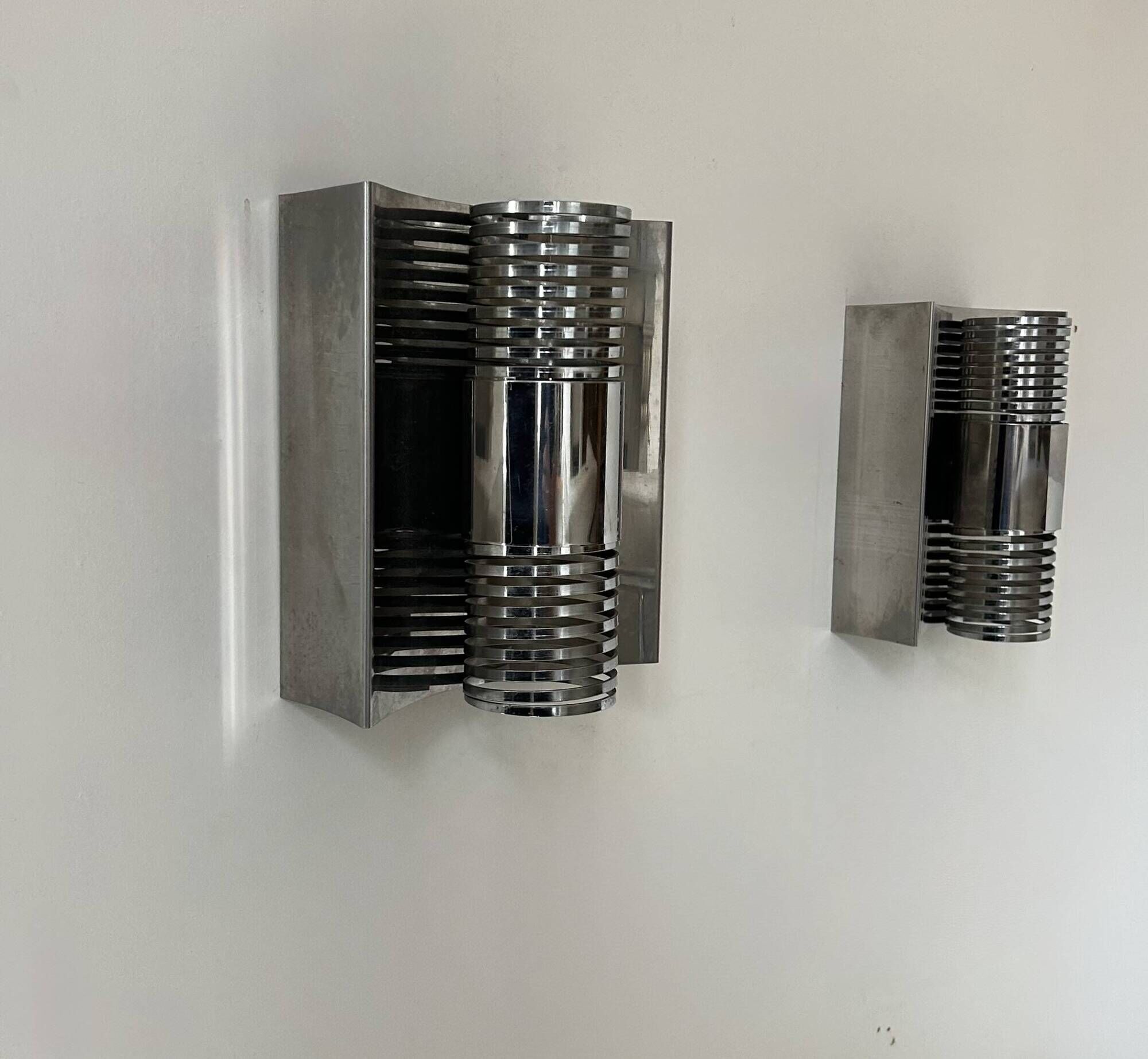 Pair of vintage chrome metal wall lights, France 1970