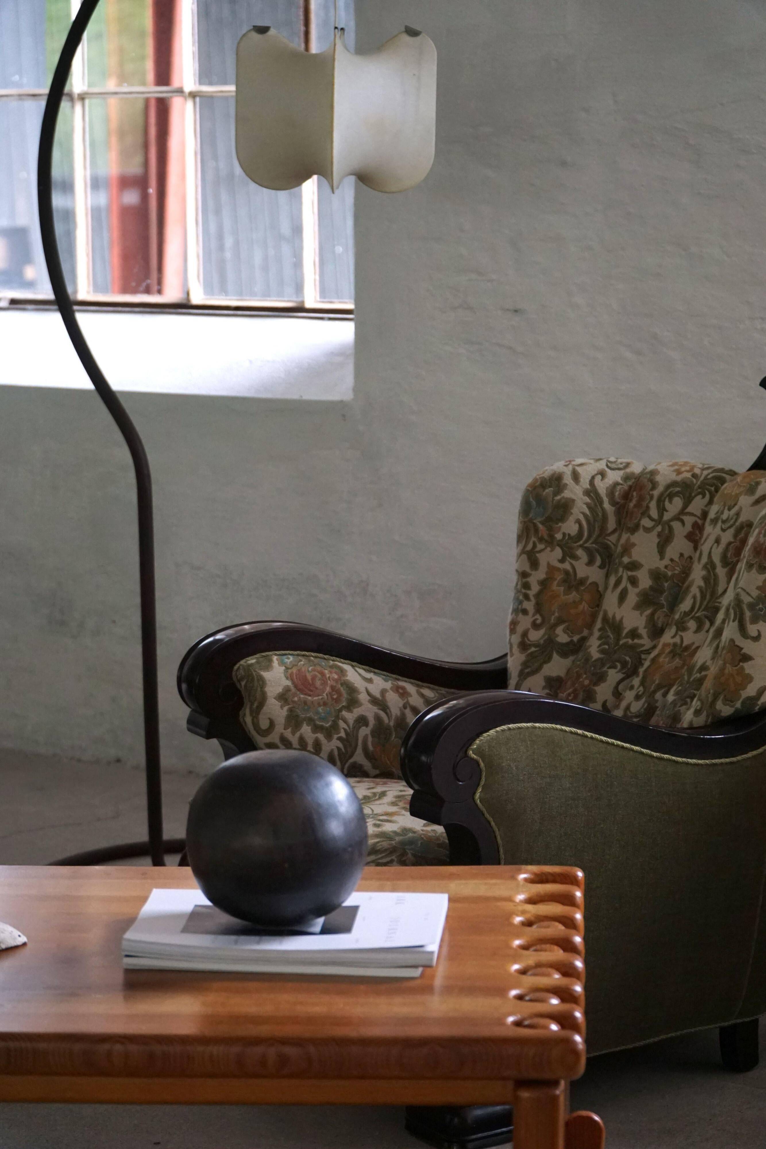 Pair of Danish Art Nouveau armchairs in embroidered floral velvet, 1920s.