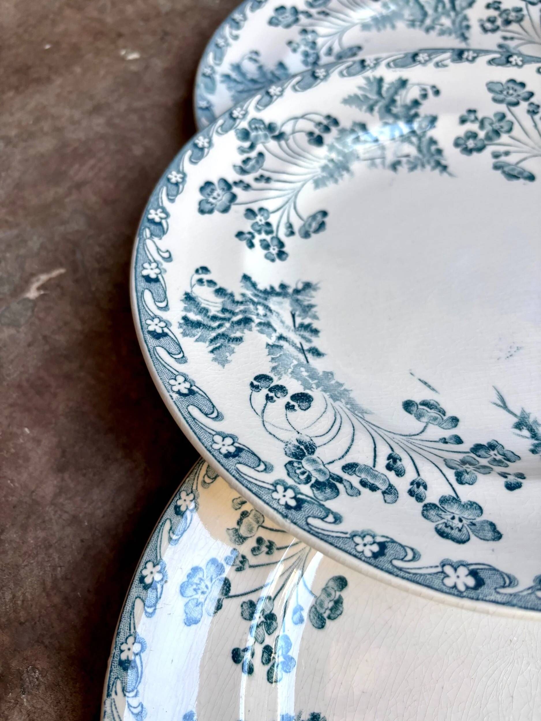 6 assiettes plates Longwy en terre de fer bleue, service "Chartres"