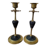 Pair of brass and black hard stone candlesticks
