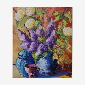 "les lilas du jardin" peinture à l'huile