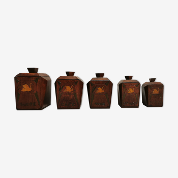 Series of 5 Pots with spice ingredients, Folk Art. Art Deco style