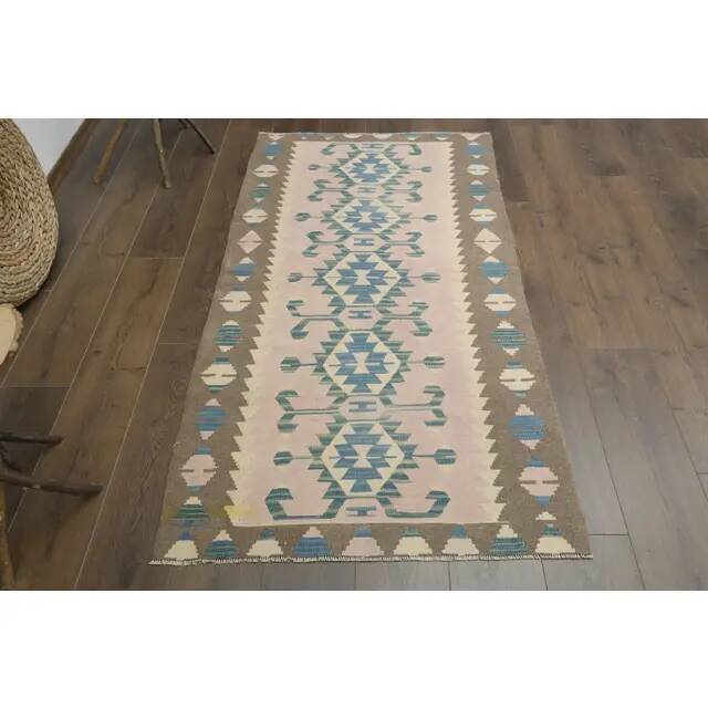 1970s Vintage Turkish Oushak Handmade Wool Cotton Pink Runner Rug 93x176
