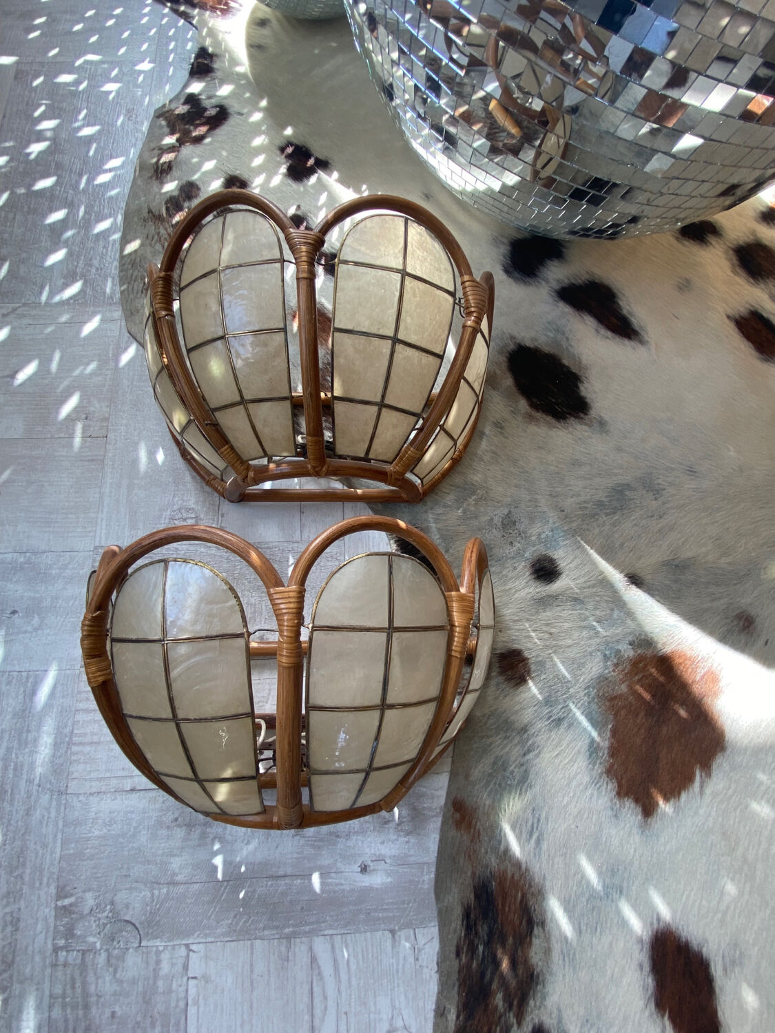 Brass mother-of-pearl rattan sconces