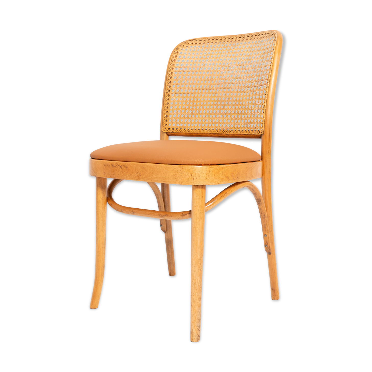 Thonet chair in rattan, camel faux leather and wood - 1960s