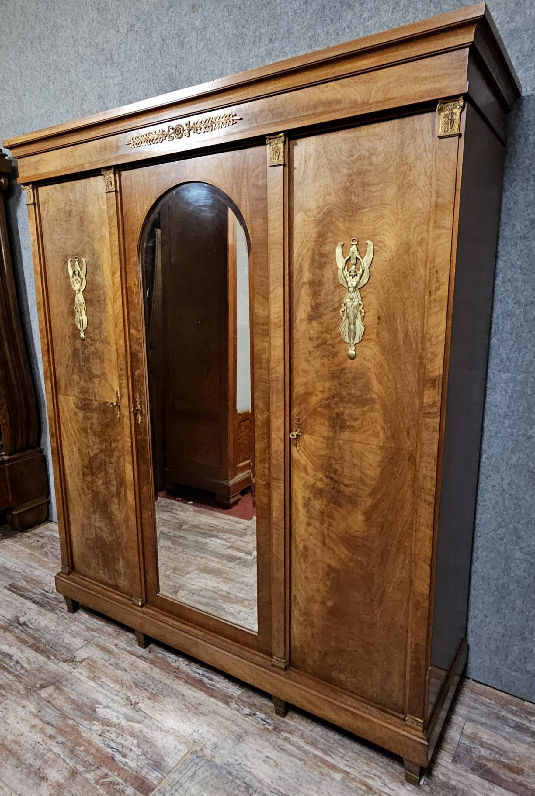 Large antique mahogany wardrobe with mirror – Empire style / 20th century