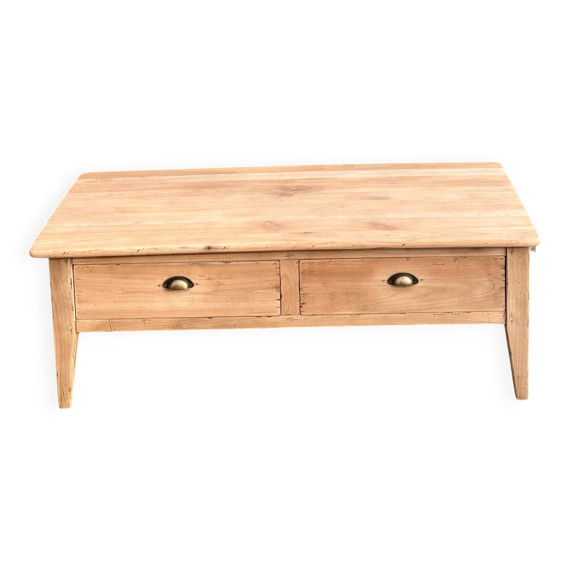 Renovated coffee table in raw solid wood - 2 through drawers