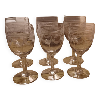 Set of 6 antique acid-etched crystal glasses from the early 20th century