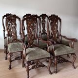 Neo-Renaissance walnut wood dining chairs: set of 6 + 2 armchairs