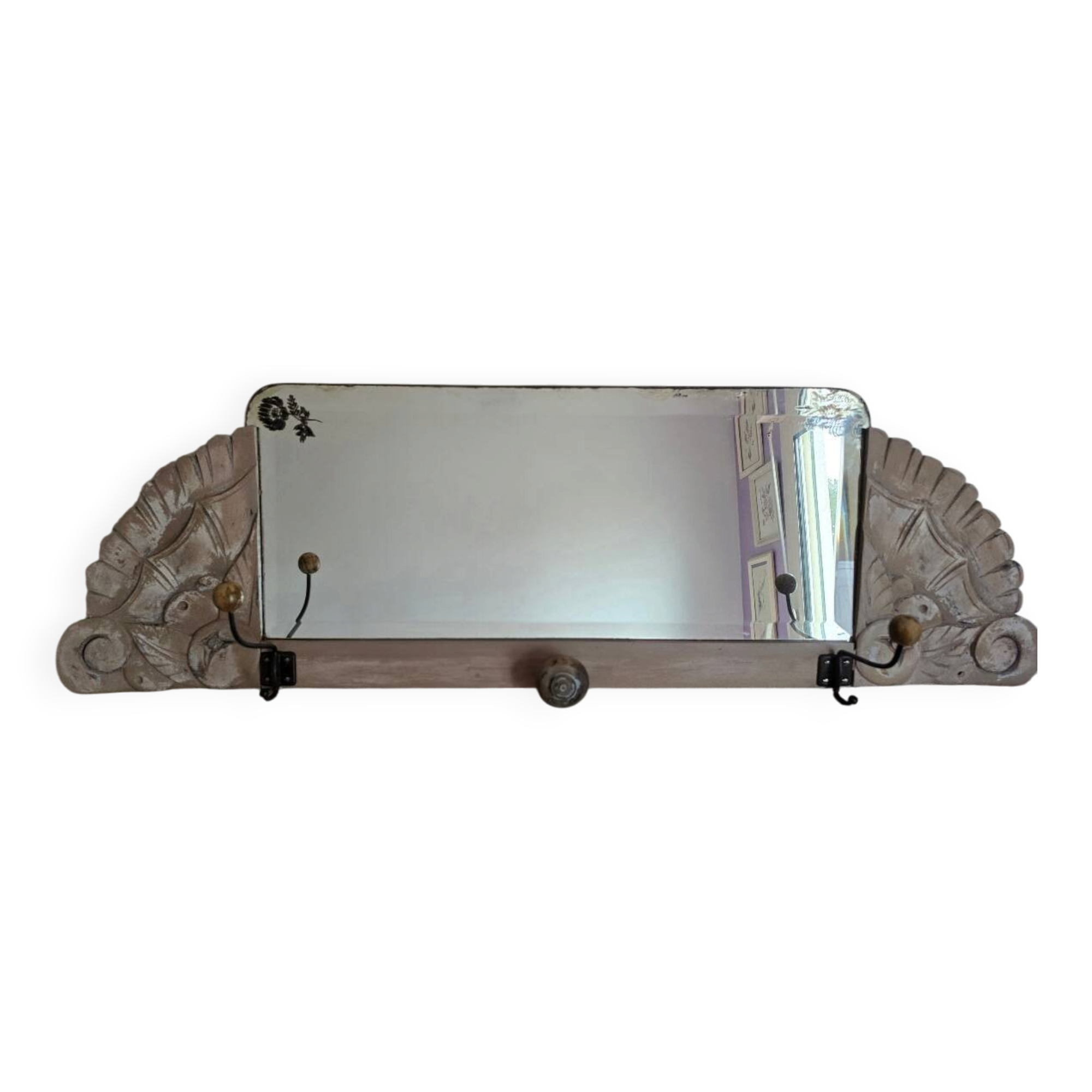Art Deco wall coat rack with 3 hooks and a mirror.
