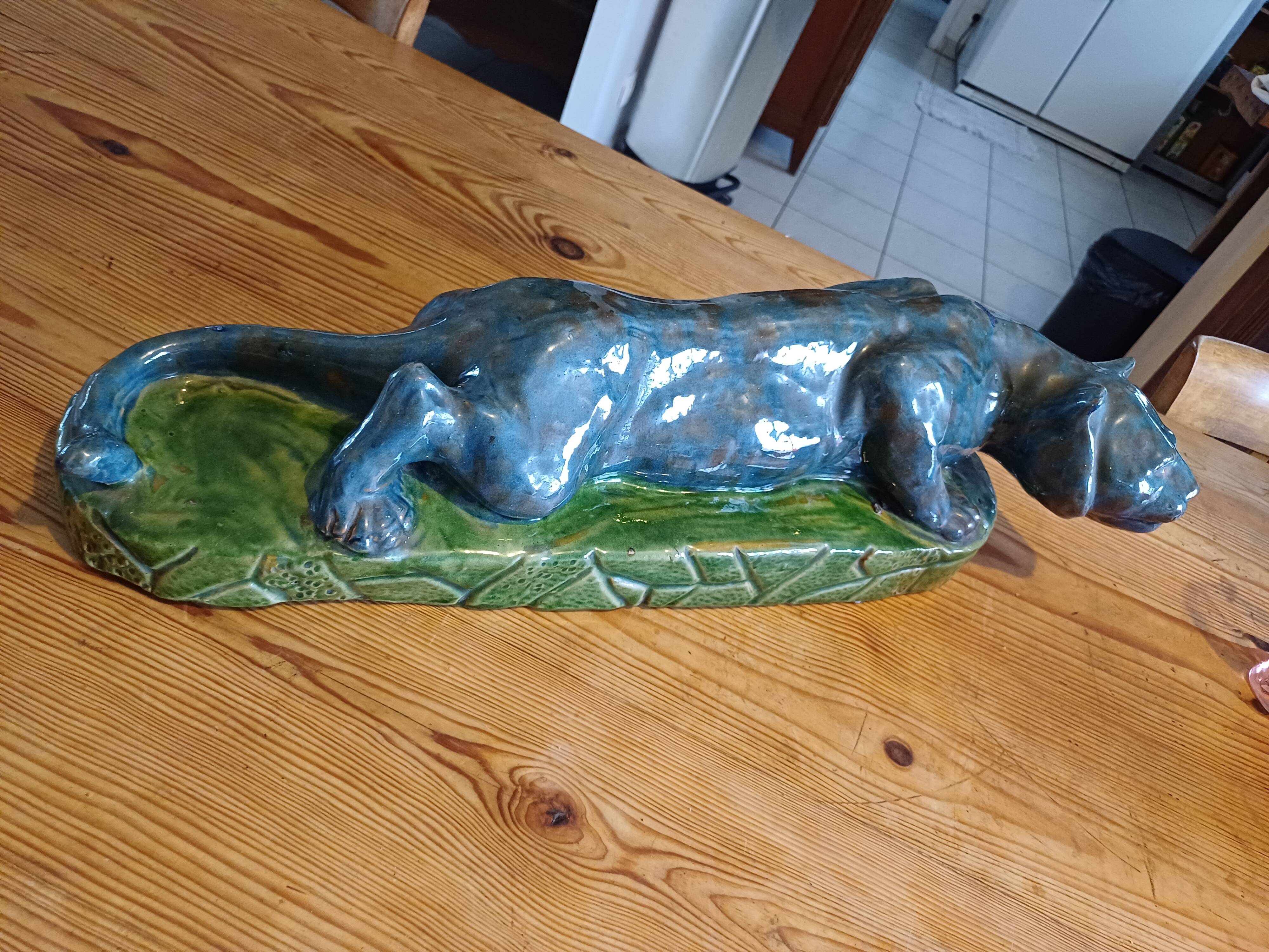 Blue and green Panther glazed ceramic