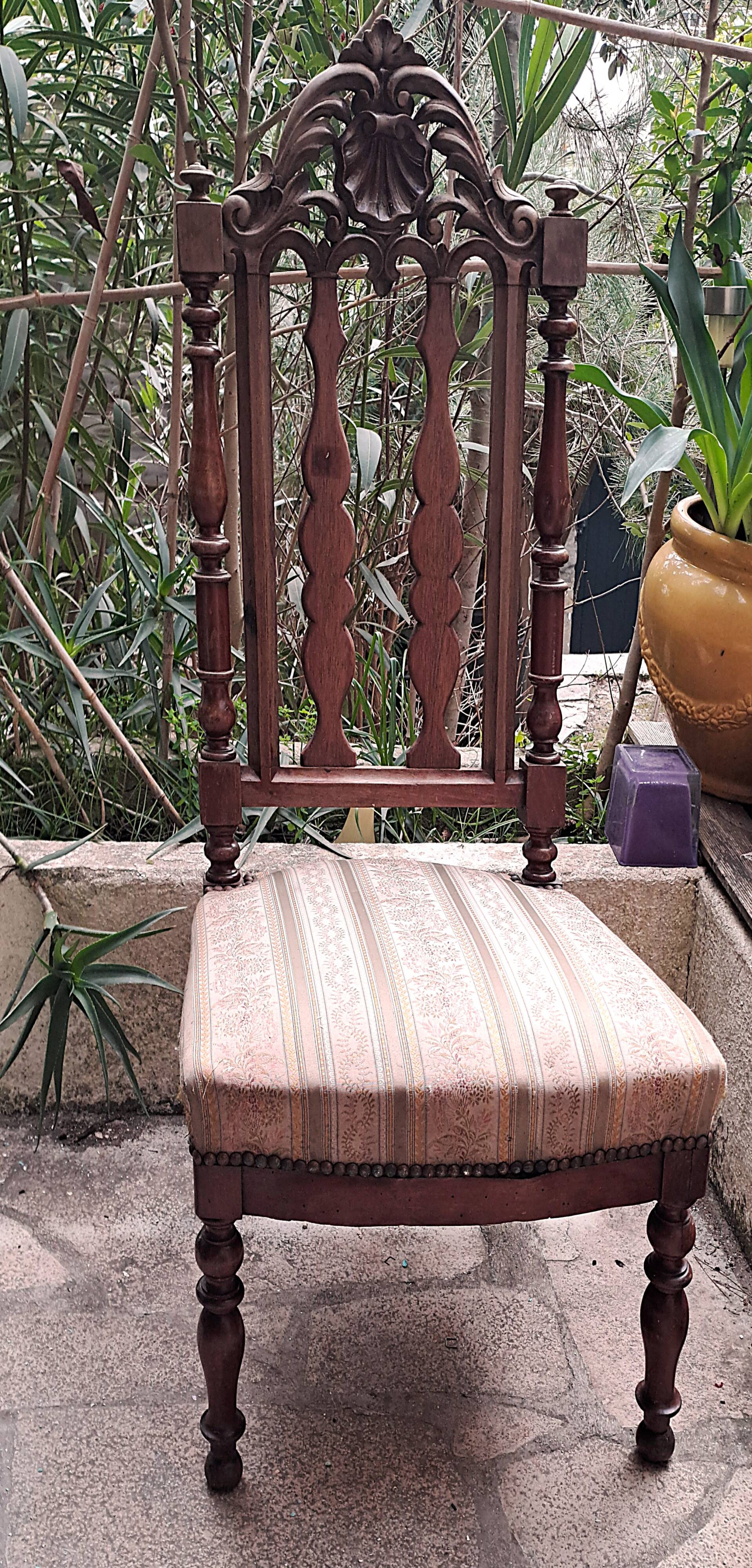 Chaise de Nourrice Napoléon III en  bois foncé vernissé assise tissu rayé 1