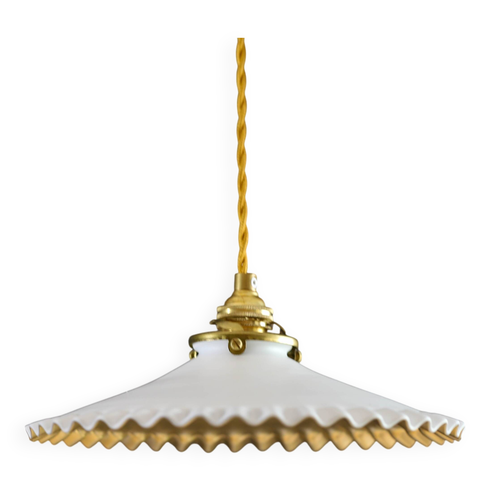 Pendant light in antique glass painted in white and gold - new socket and cable