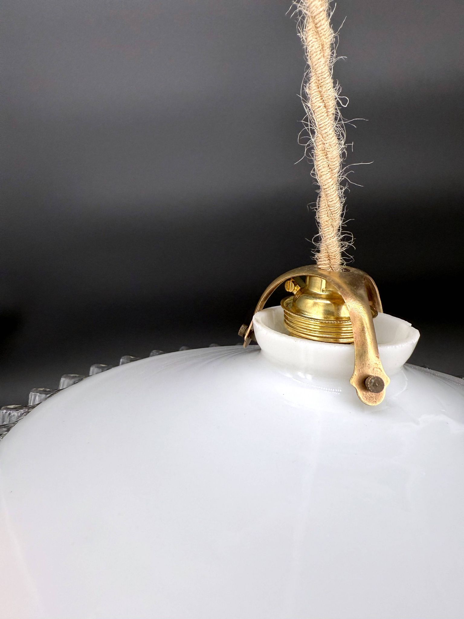 Vintage white opaline pendant light with scalloped edge – raffia and silk cable