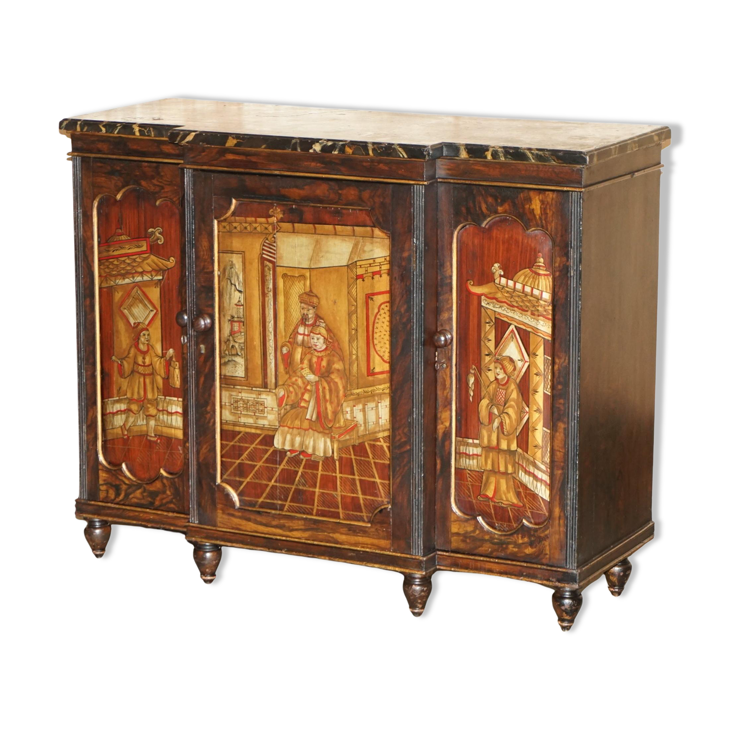 Regency 1810 library buffet in simulated hardwood with Chinese decoration.