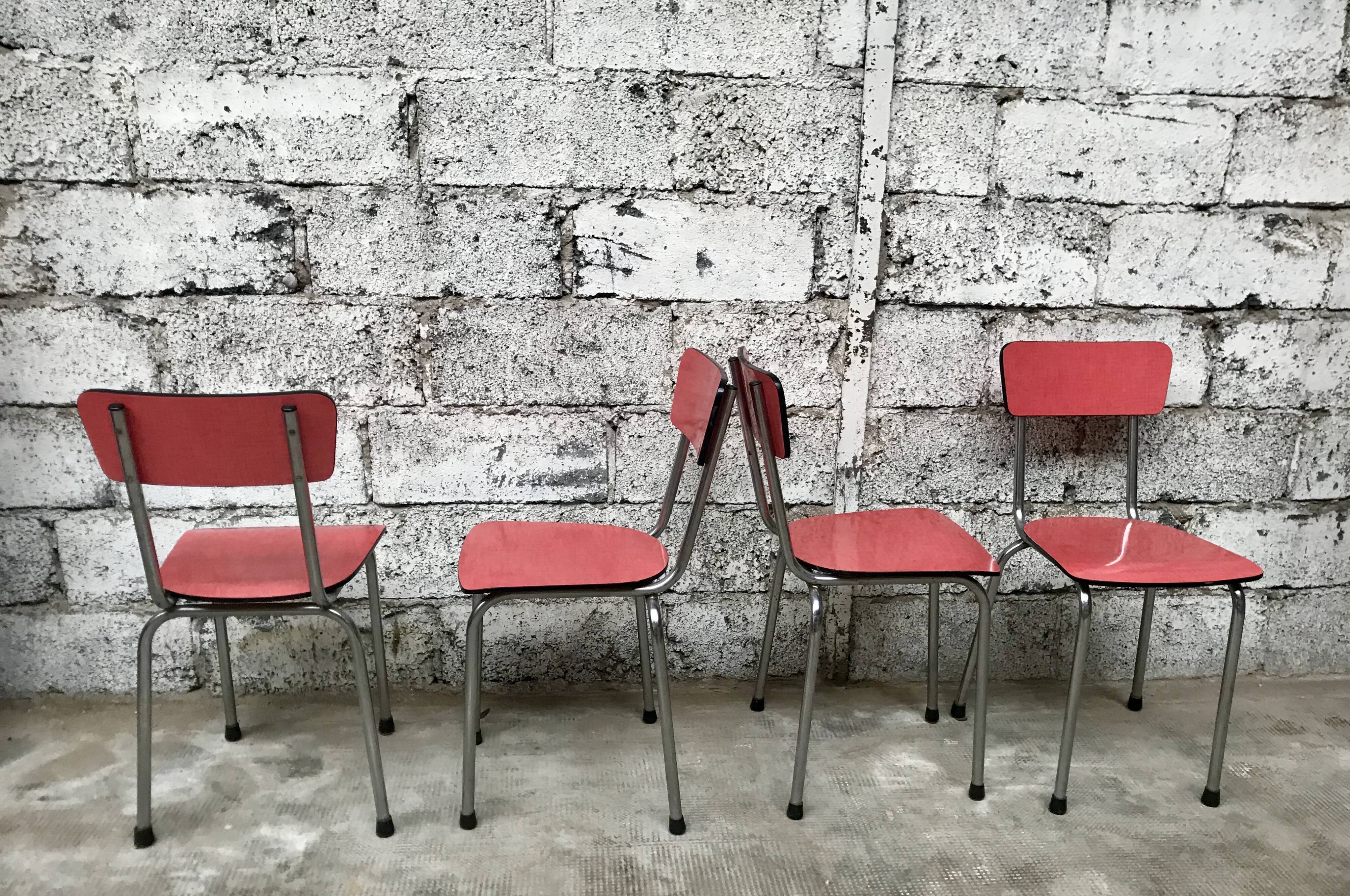 Series of 4 chairs in red formica and chrome 1950
