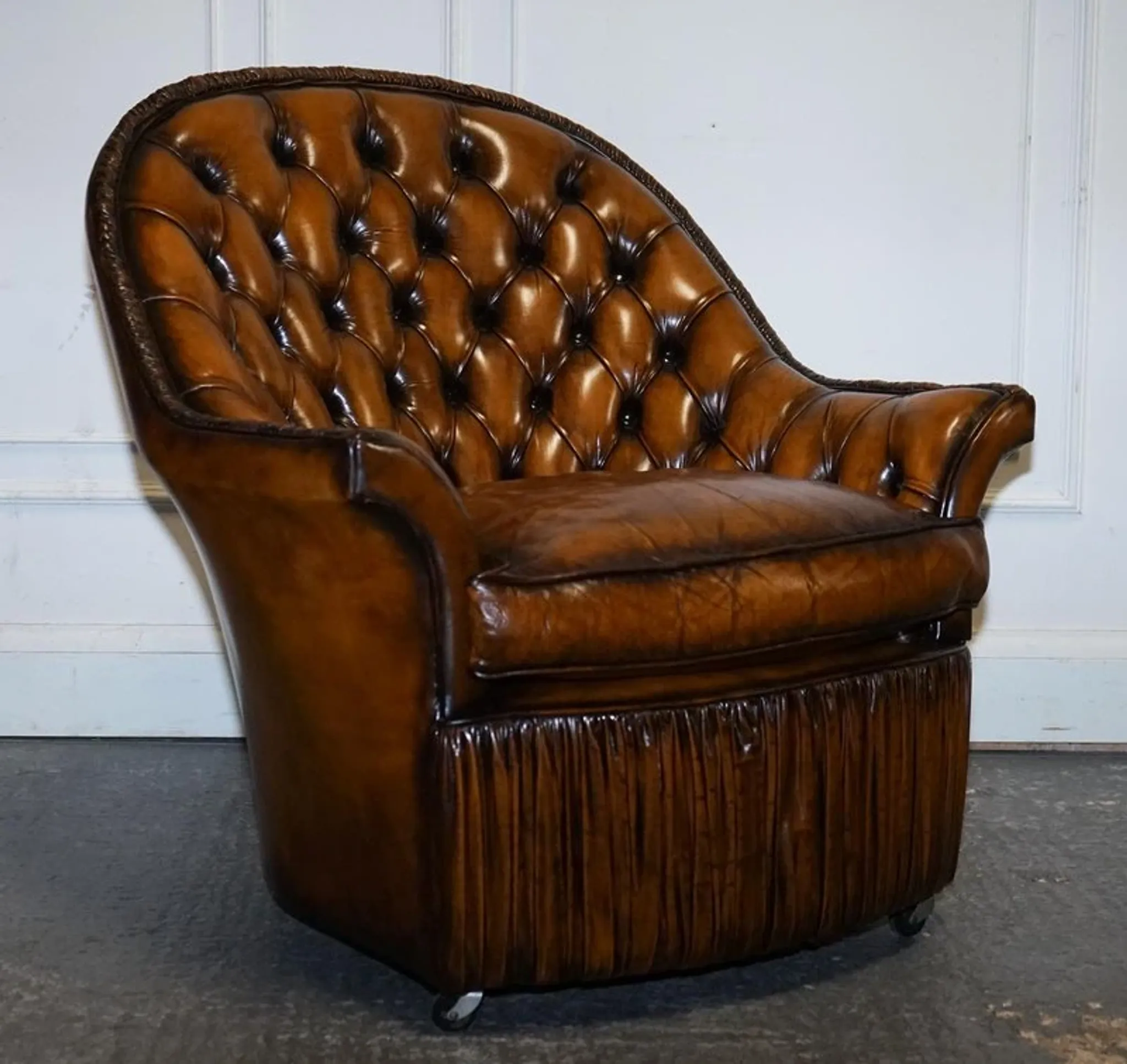 Brown Hand-Dyed Leather Chesterfield Armchairs with Pleated Front, Set of 2