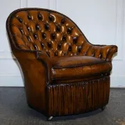 Brown Hand-Dyed Leather Chesterfield Armchairs with Pleated Front, Set of 2